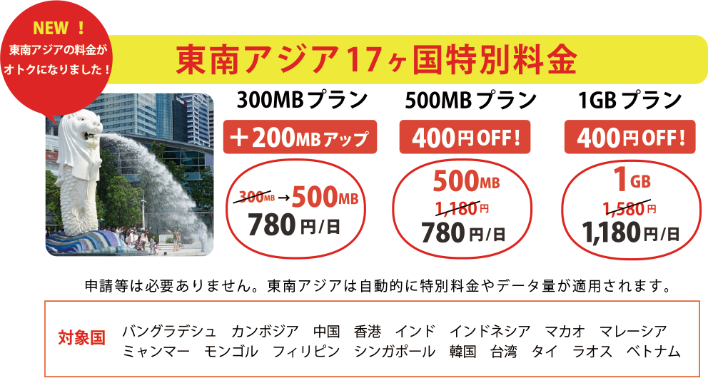 東南アジア17か国特別料金