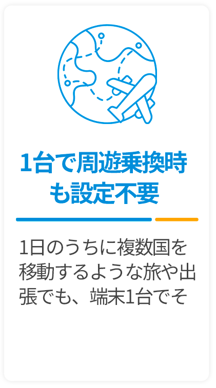 1台で周遊乗り換え時も設定不要-1日のうちに複数国を移動するような旅や出張でも、端末1台でそのまま使えます。