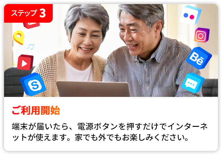 ご利用開始 | 端末が届いたら、電源ボタンを押すだけでインタネットが使えます。家でも外でもお楽しみください。