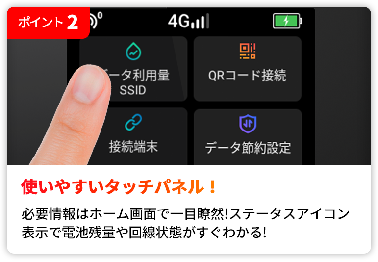 使いやすいタッチパネル搭載! | 必要情報はホーム画面で一目瞭然!ステータスアイコン表示で電池残量や回線状態がすぐわかる!
