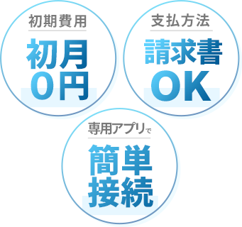 初期費用 初月0円、支払方法 請求書OK、専用アプリで簡単接続