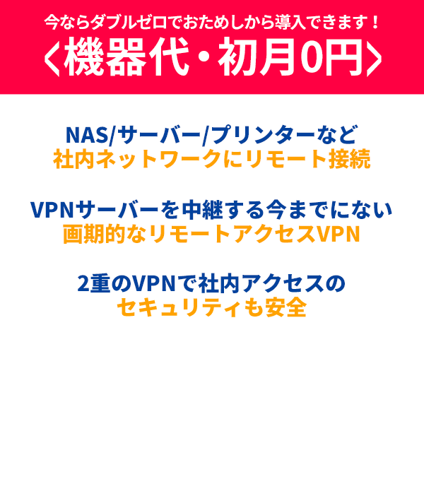 今ならダブルゼロ<機器代・初月0円>でおためしから導入できます！,NAS/サーバー/プリンターなど社内ネットワークにリモート接続,VPNサーバーを中継する今までにない画期的なリモートアクセスVPN,2重のVPNで社内アクセスのセキュリティも安全